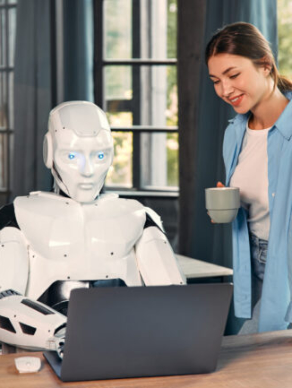 Young woman with a cup of coffee and a humanoid robot working while sitting at a laptop in a modern office. Collaboration between humans and artificial intelligence.