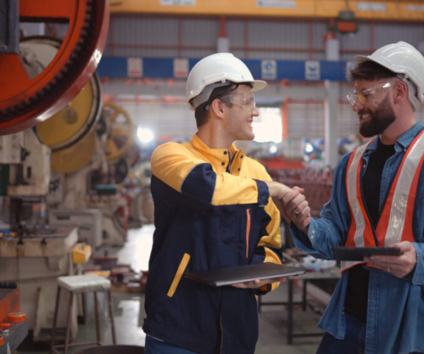 Engineer and technician discussing machinery in factory to plan inspection maintenance according to usage cycle, Concepts inspections based on usage cycle maintenance