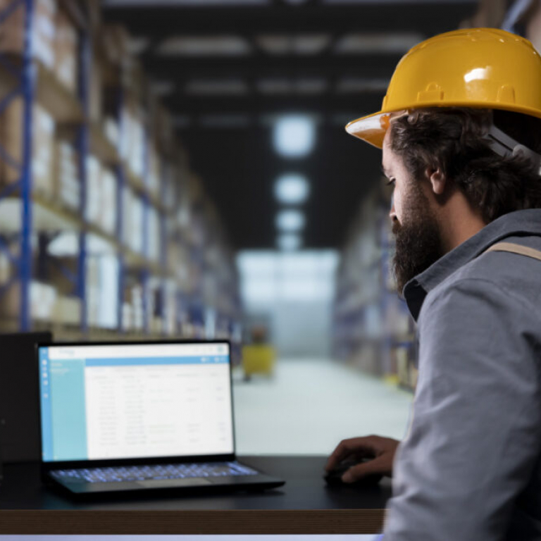 Worker using a laptop in a distribution warehouse, illustrating how a Sage warehouse management system supports inventory tracking and operational efficiency.