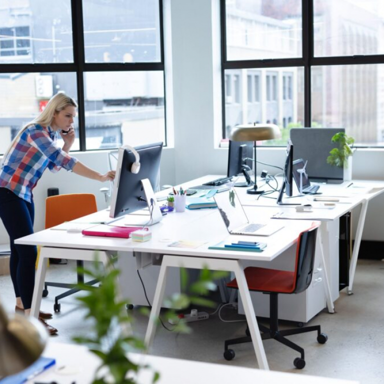 Woman working on finances in an open-plan Irish charity office
