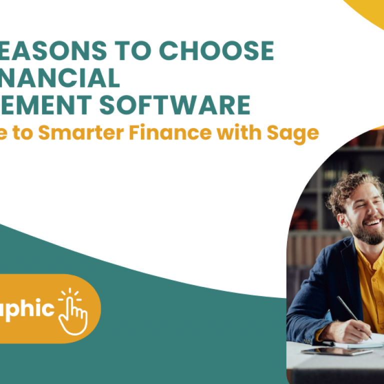Infographic showing the top 5 benefits of Sage financial management software, including Sage 200 and Sage Intacct, for improving business finance, reporting, and growth.