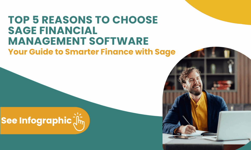 Infographic showing the top 5 benefits of Sage financial management software, including Sage 200 and Sage Intacct, for improving business finance, reporting, and growth.