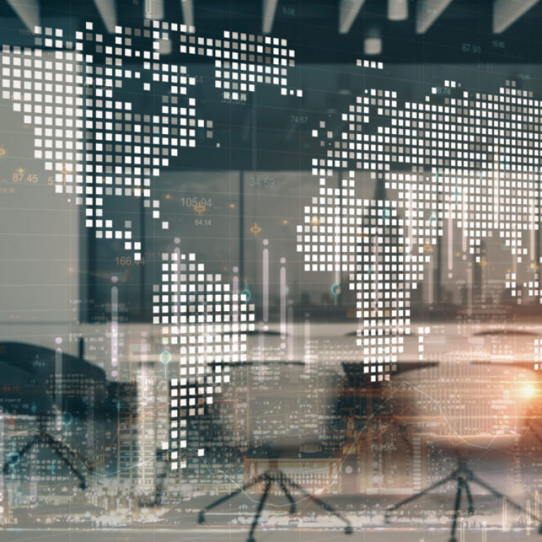 Abstract office interior with digital world map representing international business growth supported by Sage Intacct