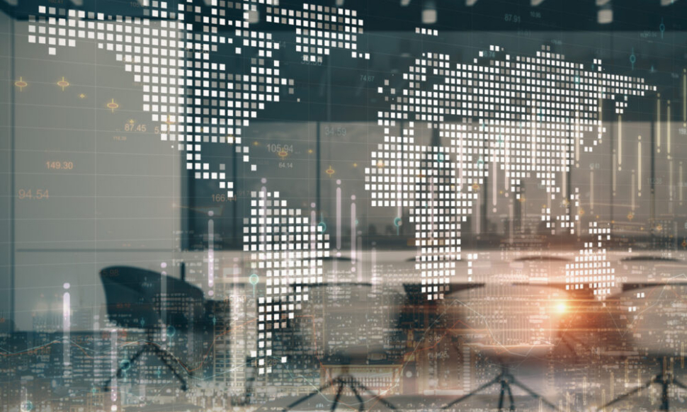 Abstract office interior with digital world map representing international business growth supported by Sage Intacct