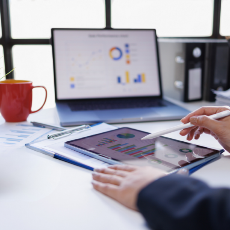 Big data analytics dashboard with financial statistics representing Sage Intacct accounting software and real-time insights