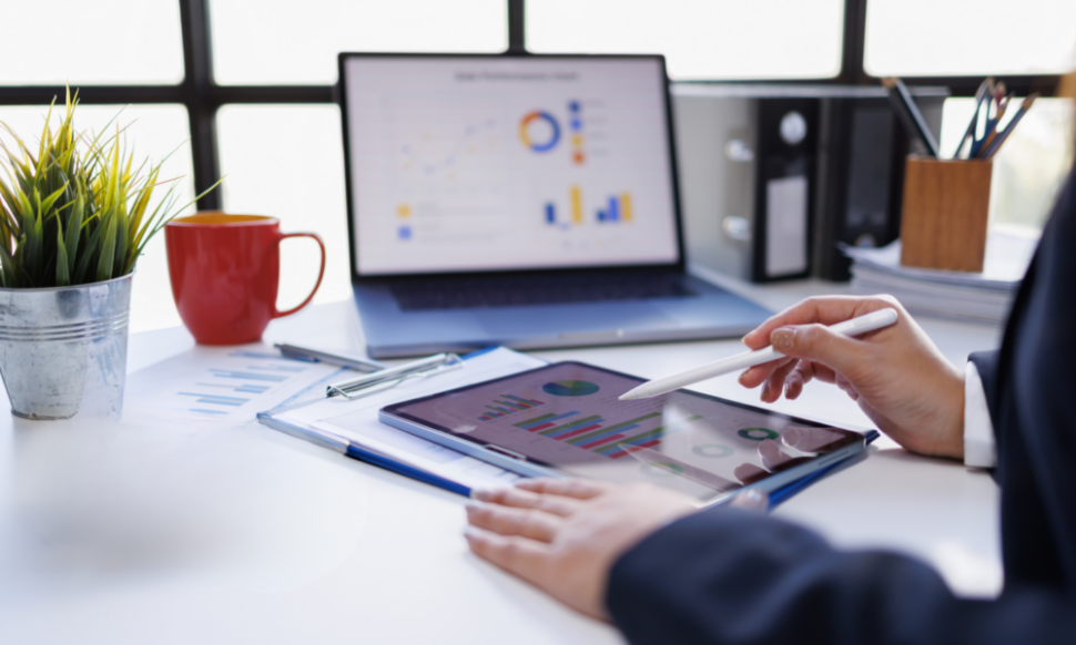 Big data analytics dashboard with financial statistics representing Sage Intacct accounting software and real-time insights