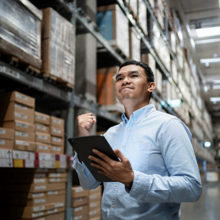 Business professional in a warehouse using Sage 200 and Sage accounting software to monitor stock and business performance in Ireland.